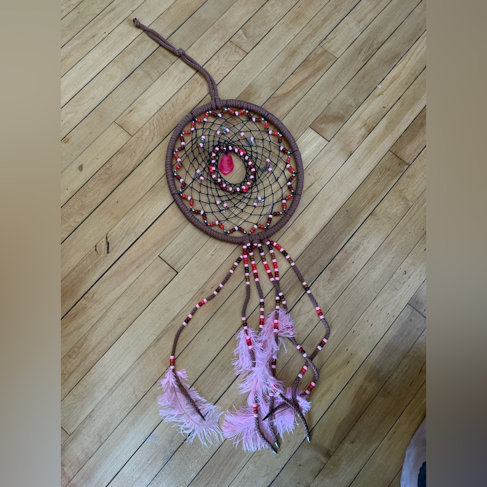 Handmade pink and brown beaded dream‎ catcher